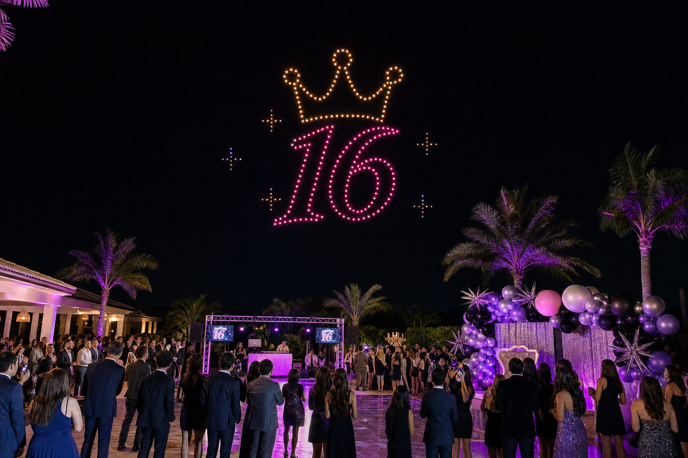 Sweet 16 birthday drone show with crown and number 16