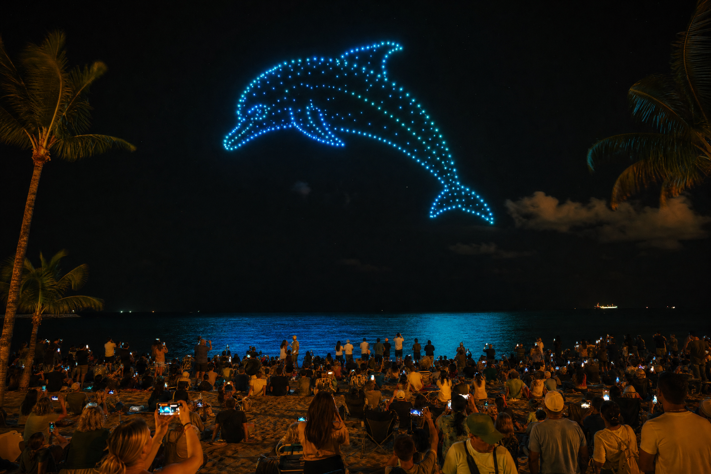 Dolphin formation drone show over Fort Lauderdale beach