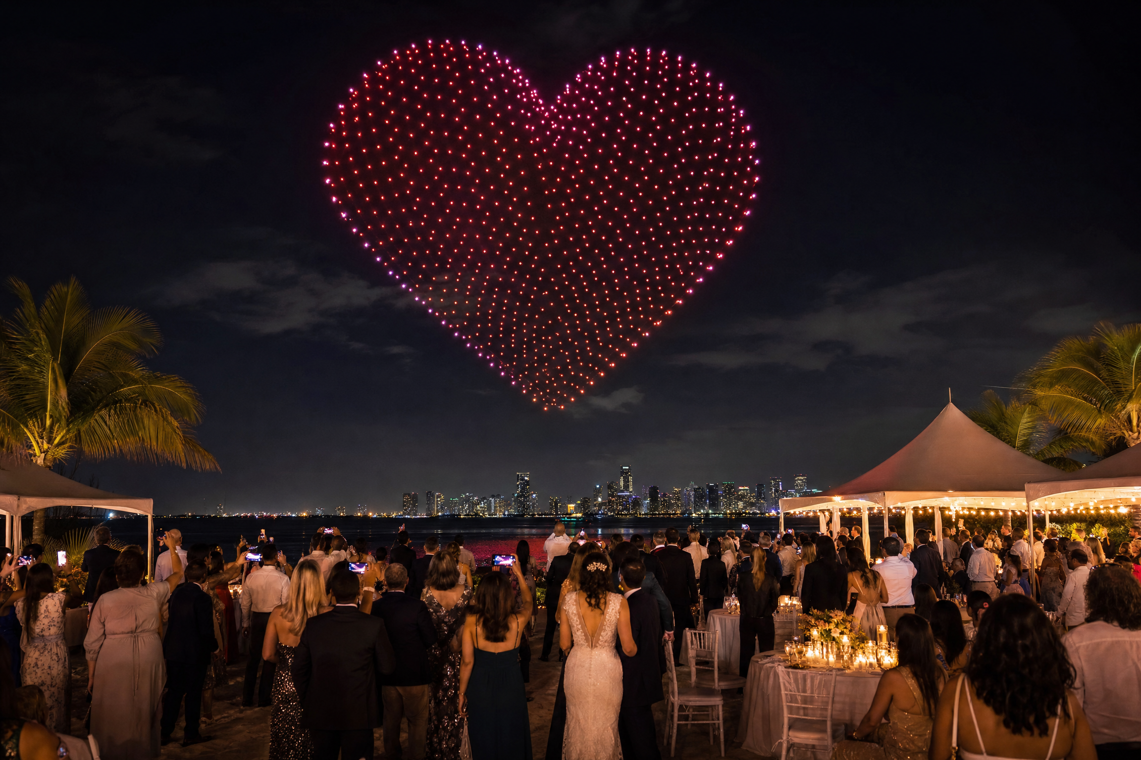 Wedding drone show with heart formation over Miami Beach
