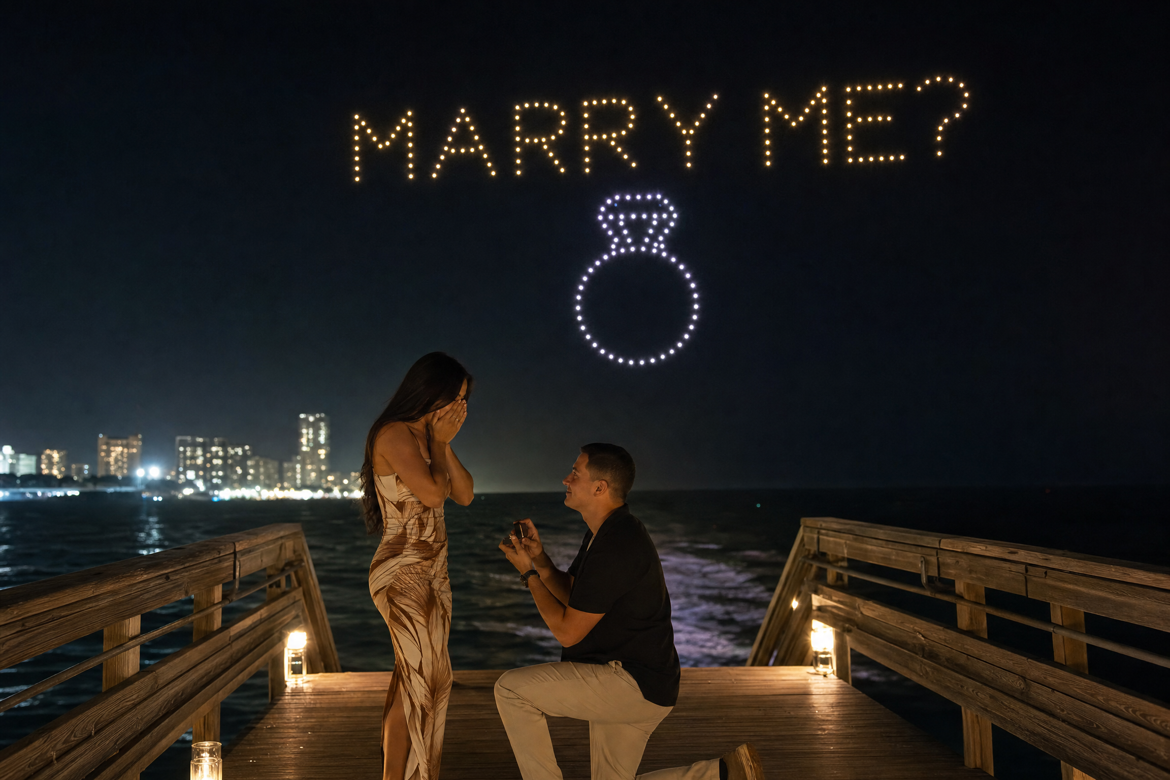 Marriage proposal drone show spelling Marry Me