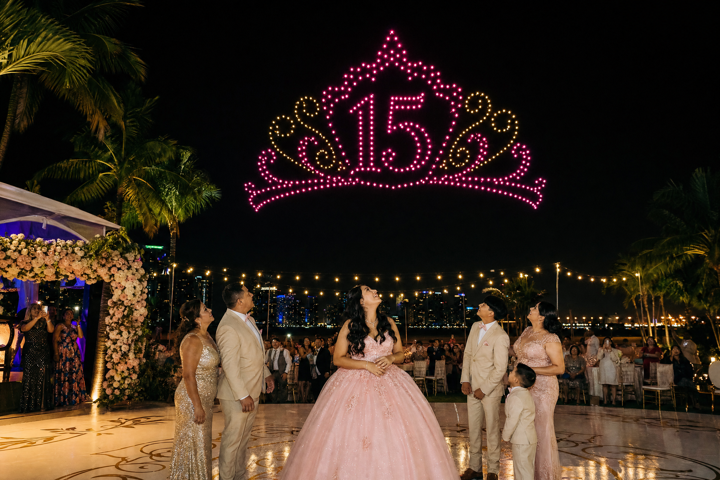 Quinceañera drone show with tiara and number 15