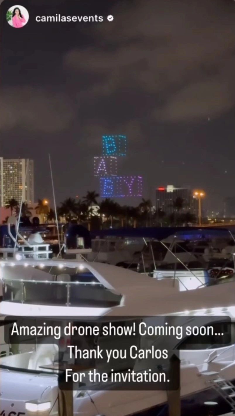 Glowing bear figure drone formation over palm trees